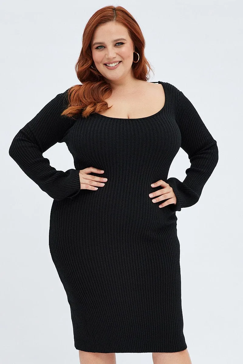 Black Mini Dress Scoop Neck Knit Flare Sleeve Weekend Style