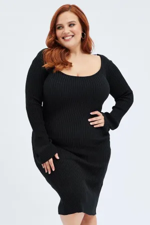 Casual Fit Look Day To Night Black Mini Dress Scoop Neck Knit Flare Sleeve