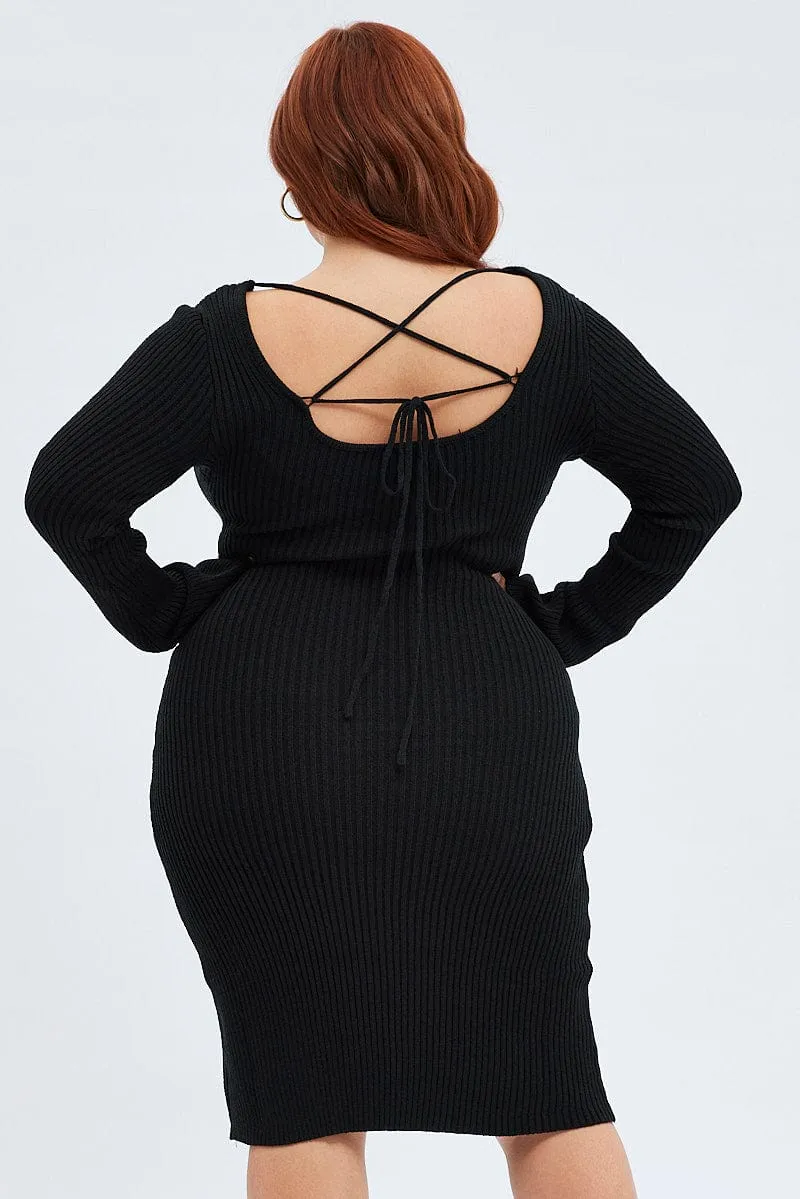 Bold Twist Eco Friendly Fabric Black Mini Dress Scoop Neck Knit Flare Sleeve