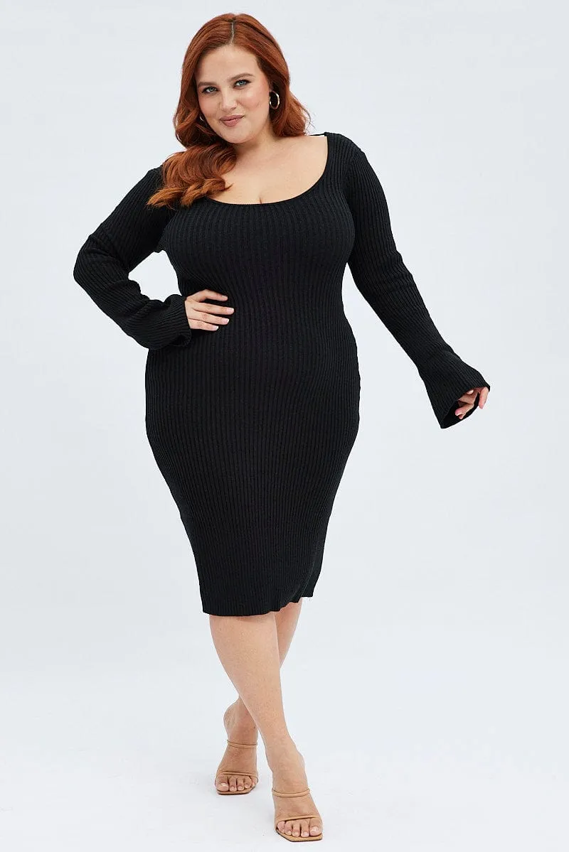 Comfortable summer outing dress Black Mini Dress Scoop Neck Knit Flare Sleeve