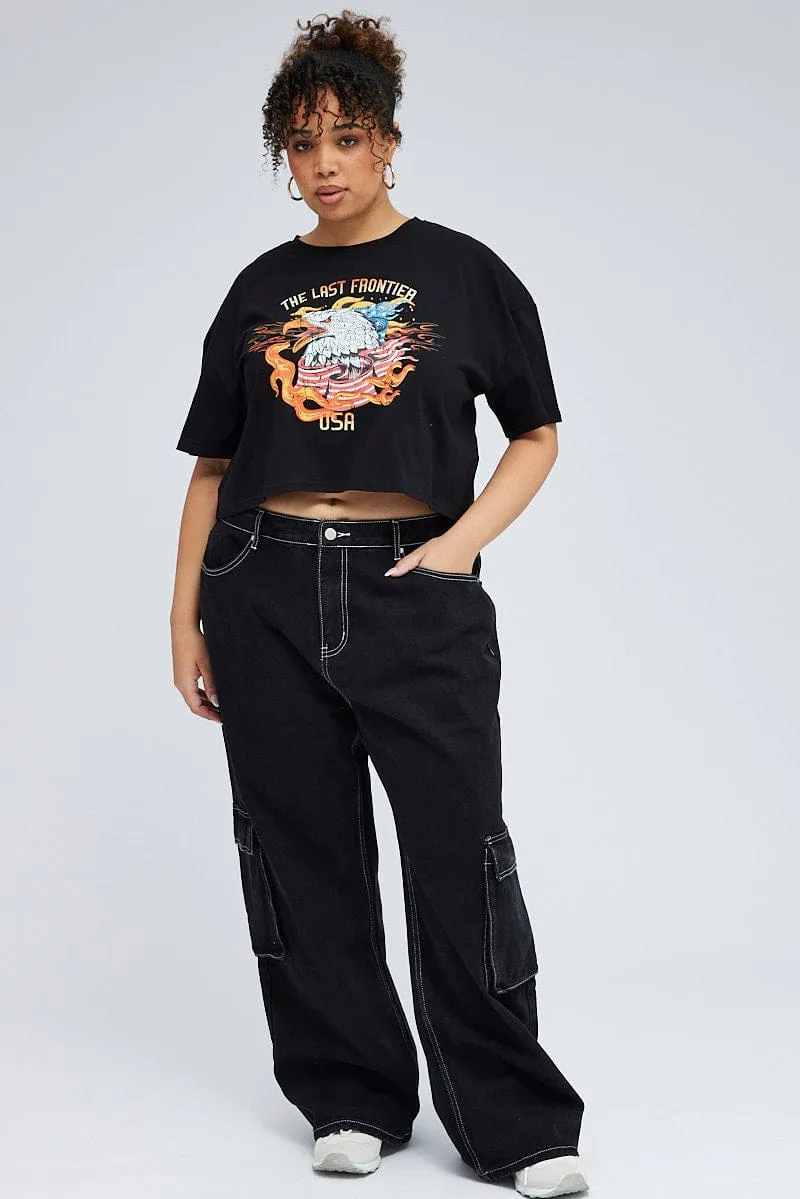 Comfy Look Wear Black Crop Multi Eagle Tee Short Sleeve Jersey