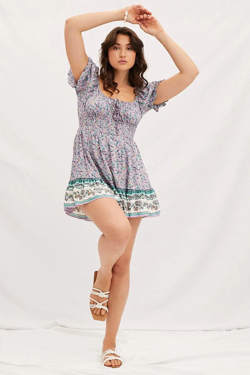 slim fit Boho Print Round Neck Puff Sleeve Skater Dress