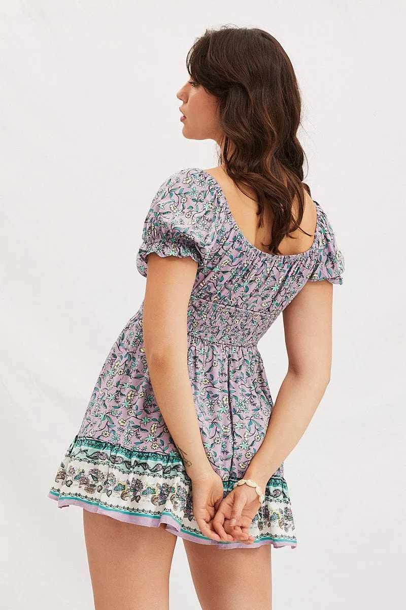 Boho Print Round Neck Puff Sleeve Skater Dress Motion Core