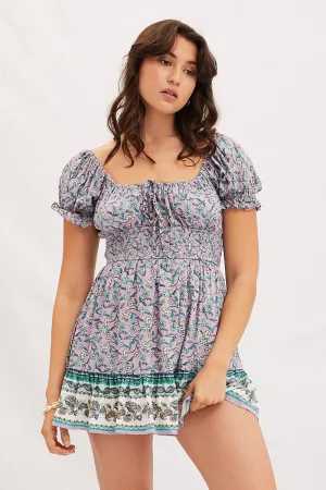 WrinkleFree Fabric Boho Print Round Neck Puff Sleeve Skater Dress