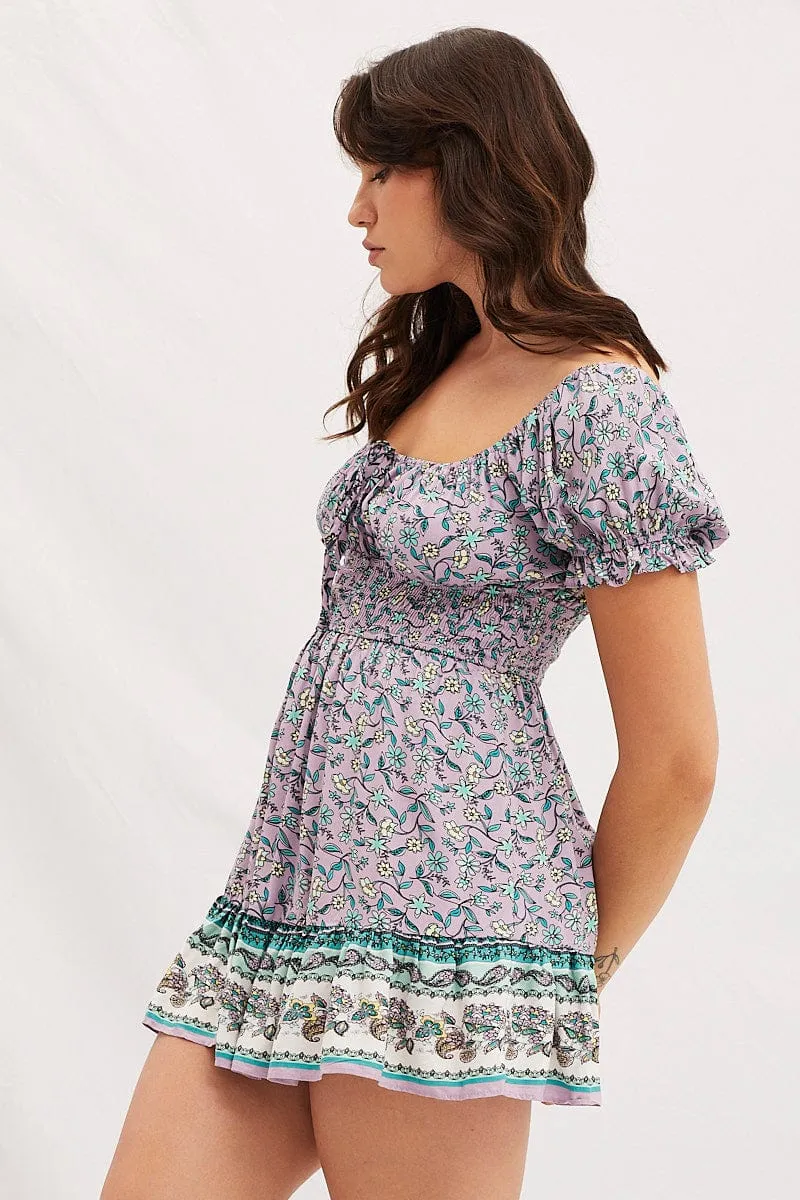 Boho Print Round Neck Puff Sleeve Skater Dress NoIrritationSeams American Ease