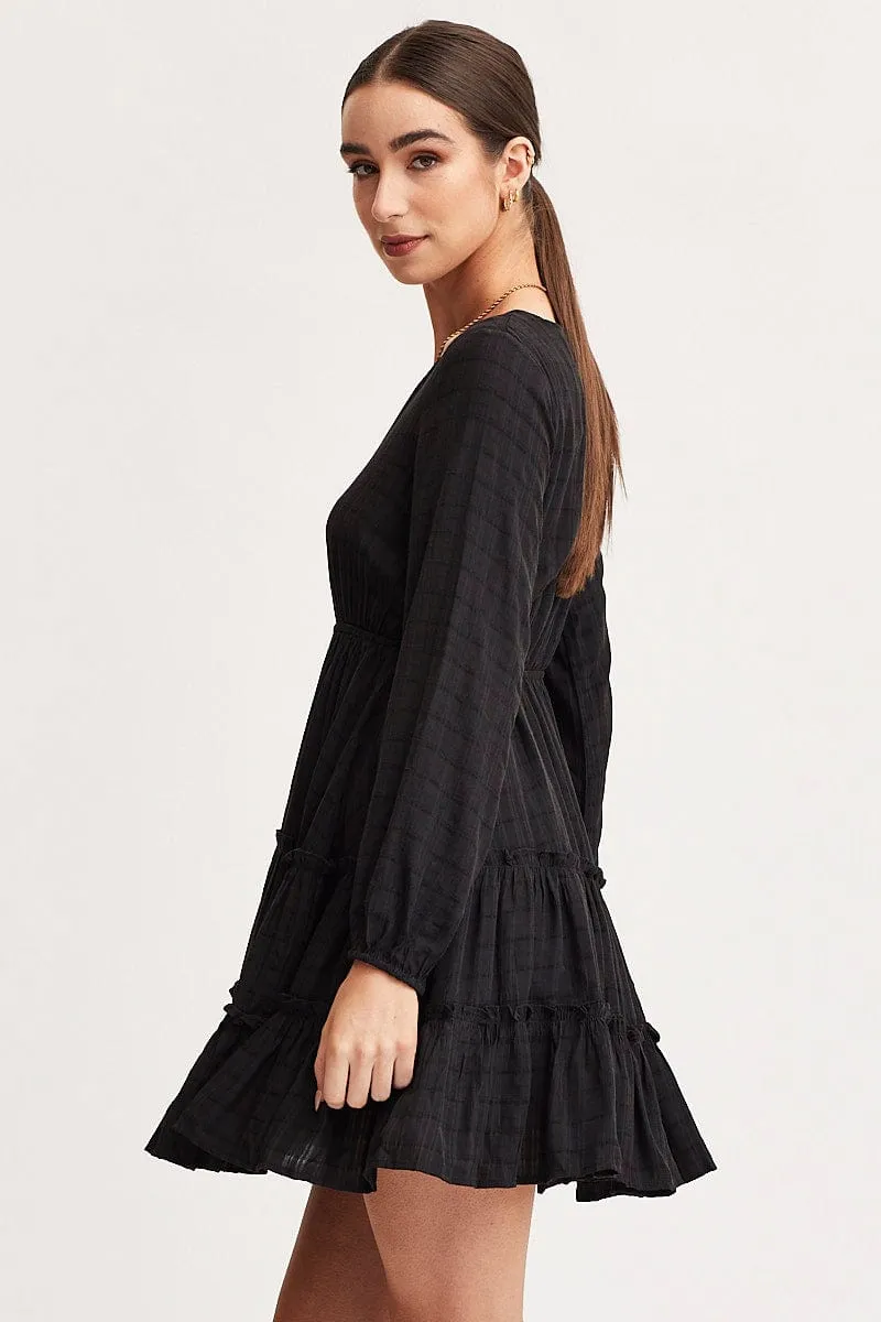 Black Skater Dress Long Sleeve Mini MultiPanelDesign WrinkleResistant Finish