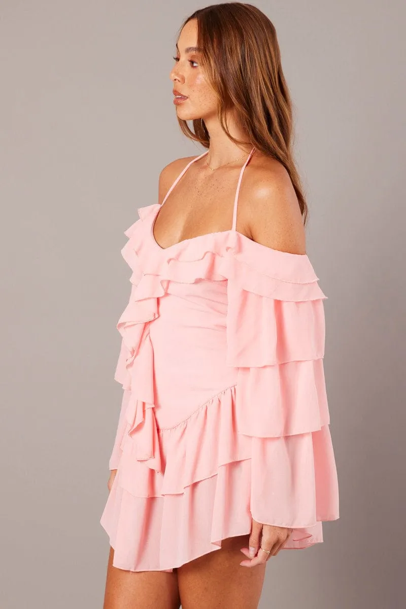 Casual Sweatshirt Pink Ruffle Dress Bardot Layered Frill Sleeve Dress
