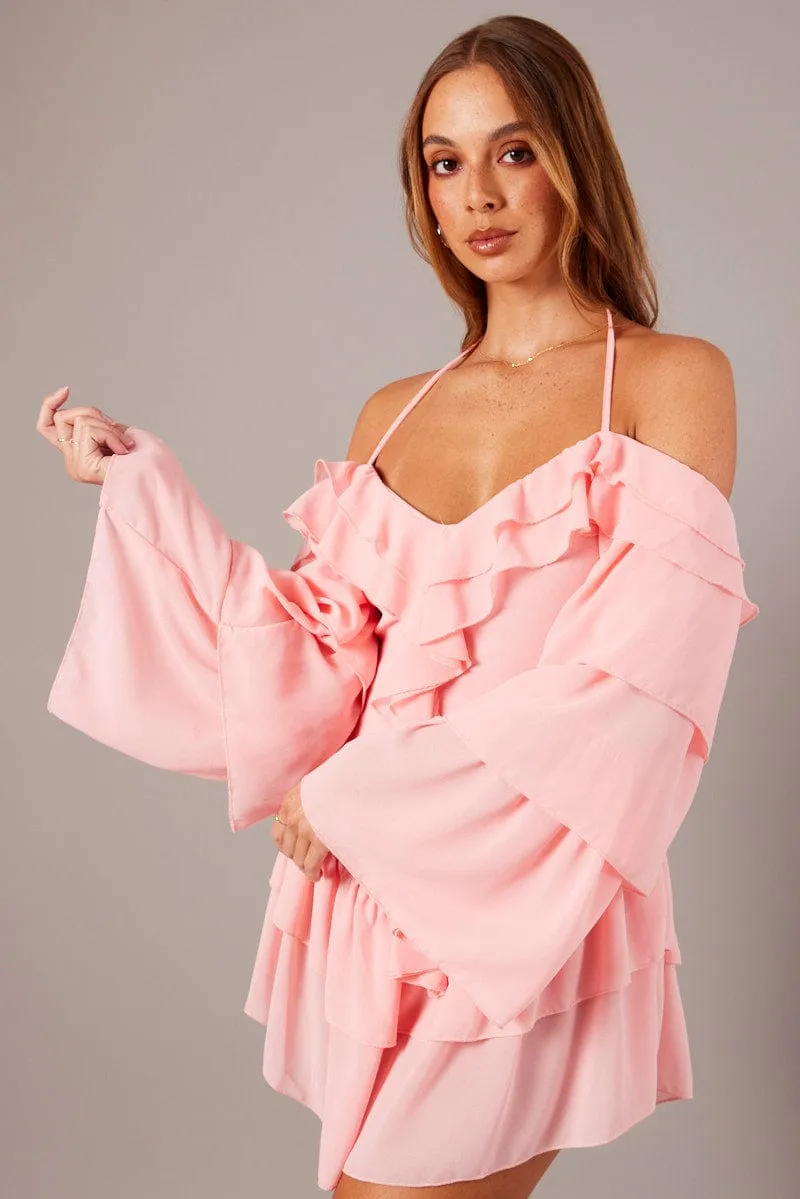 simple design Focus Mood Pink Ruffle Dress Bardot Layered Frill Sleeve Dress