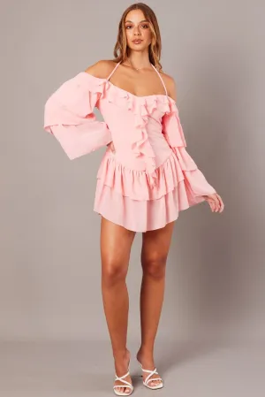 Pink Ruffle Dress Bardot Layered Frill Sleeve Dress Warm Base WrinkleResistantClothing