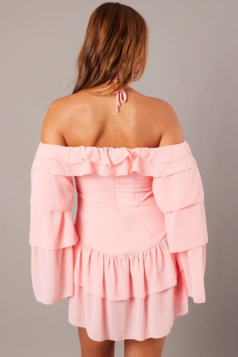 Pink Ruffle Dress Bardot Layered Frill Sleeve Dress Smooth Yarn