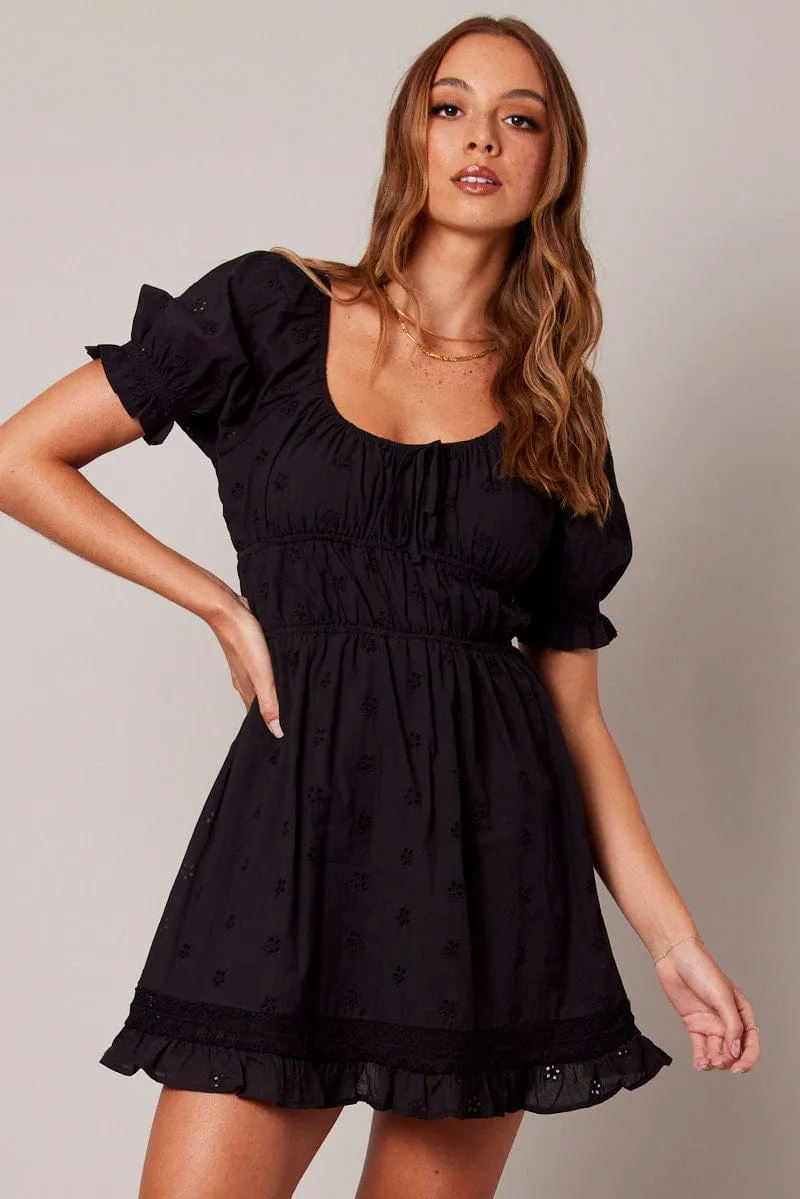 ElasticFree Downtown Cool Black Fit And Flare Dress Puff Sleeve