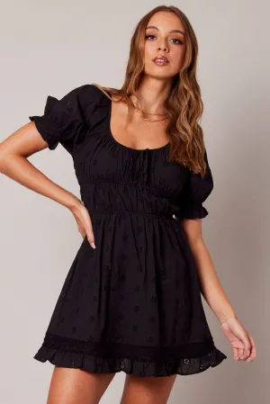 ElasticFree Downtown Cool Black Fit And Flare Dress Puff Sleeve