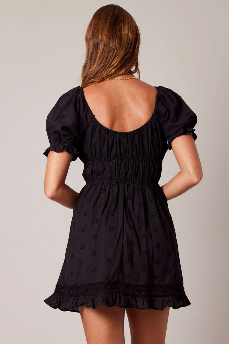 Black Fit And Flare Dress Puff Sleeve Cozy Wrap