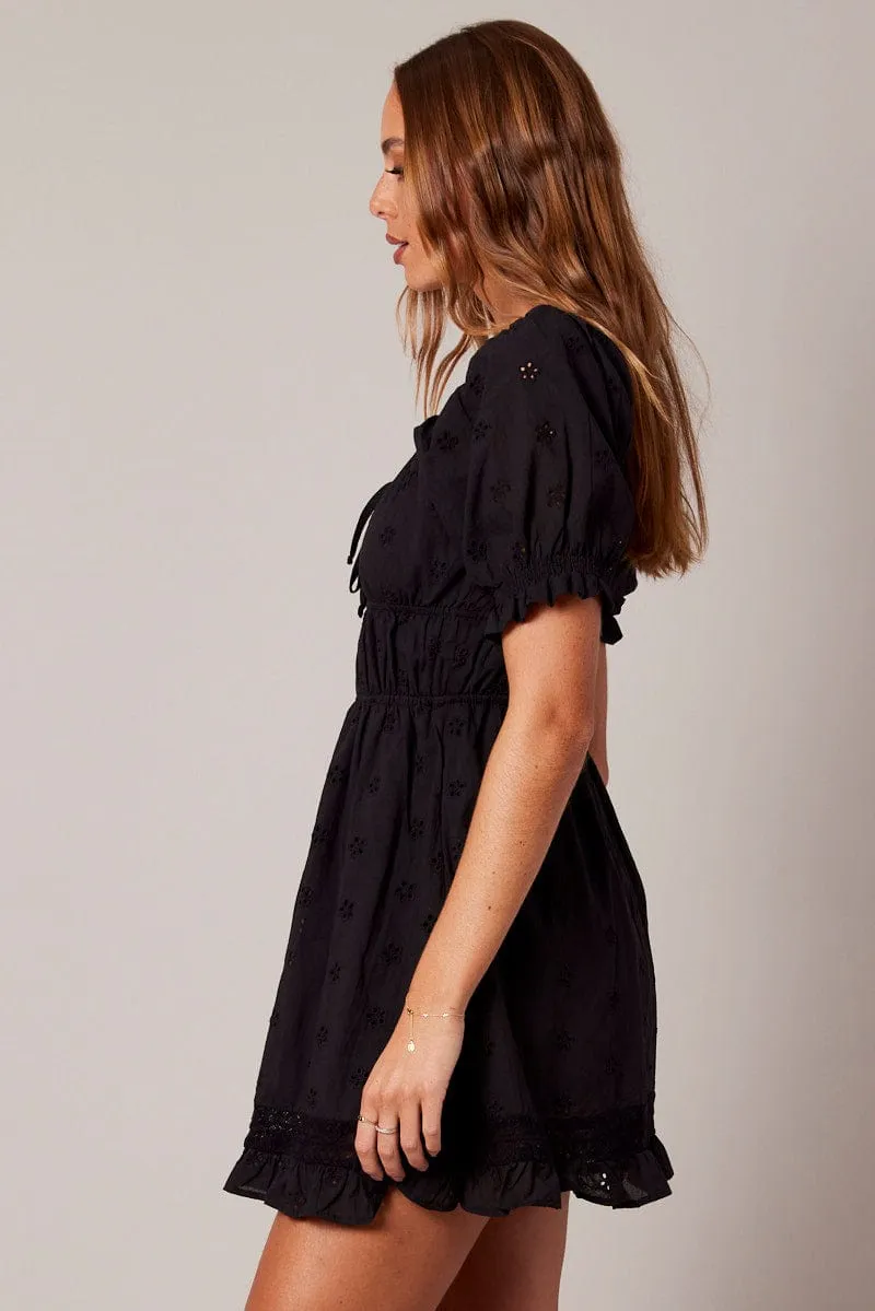 Black Fit And Flare Dress Puff Sleeve Work Mix