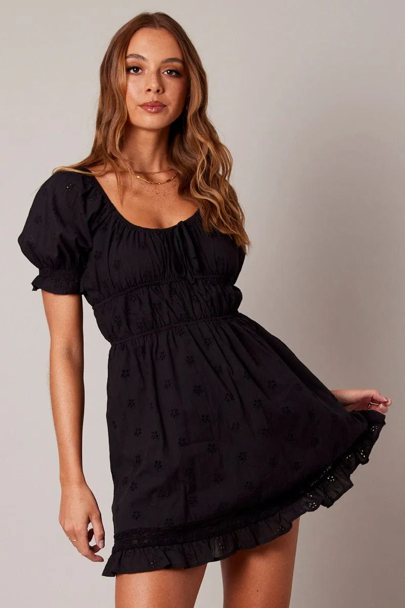 Black Fit And Flare Dress Puff Sleeve ZeroRestrictionMobility Flexible Waistband