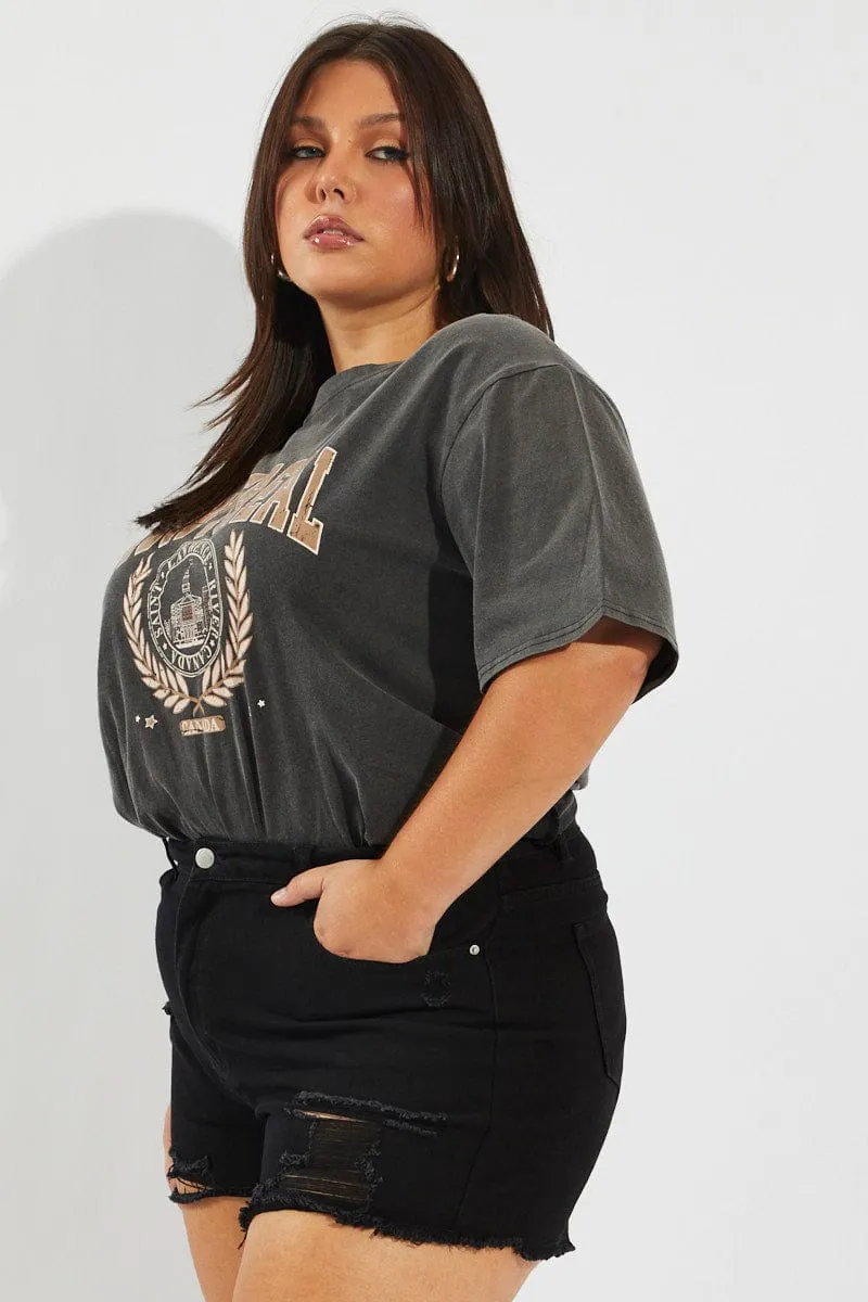 Black Relaxed Shorts High Rise Distressed Hem AntiPilling Finish