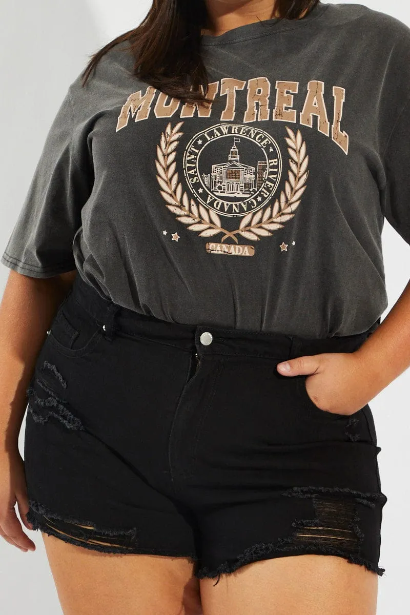 Black Relaxed Shorts High Rise Distressed Hem Trendy Boots Shimmer Core