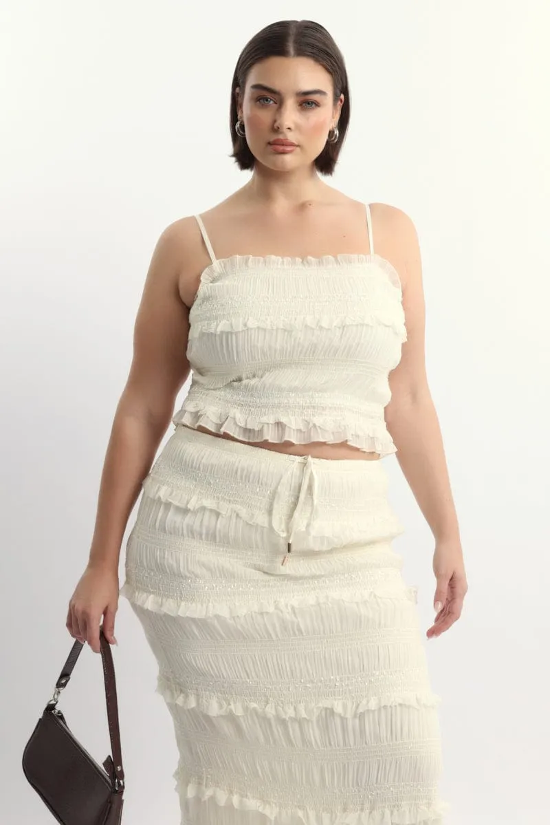Trendy Design Beige Crop Top Sleeveless Ruched Sequin Pleat