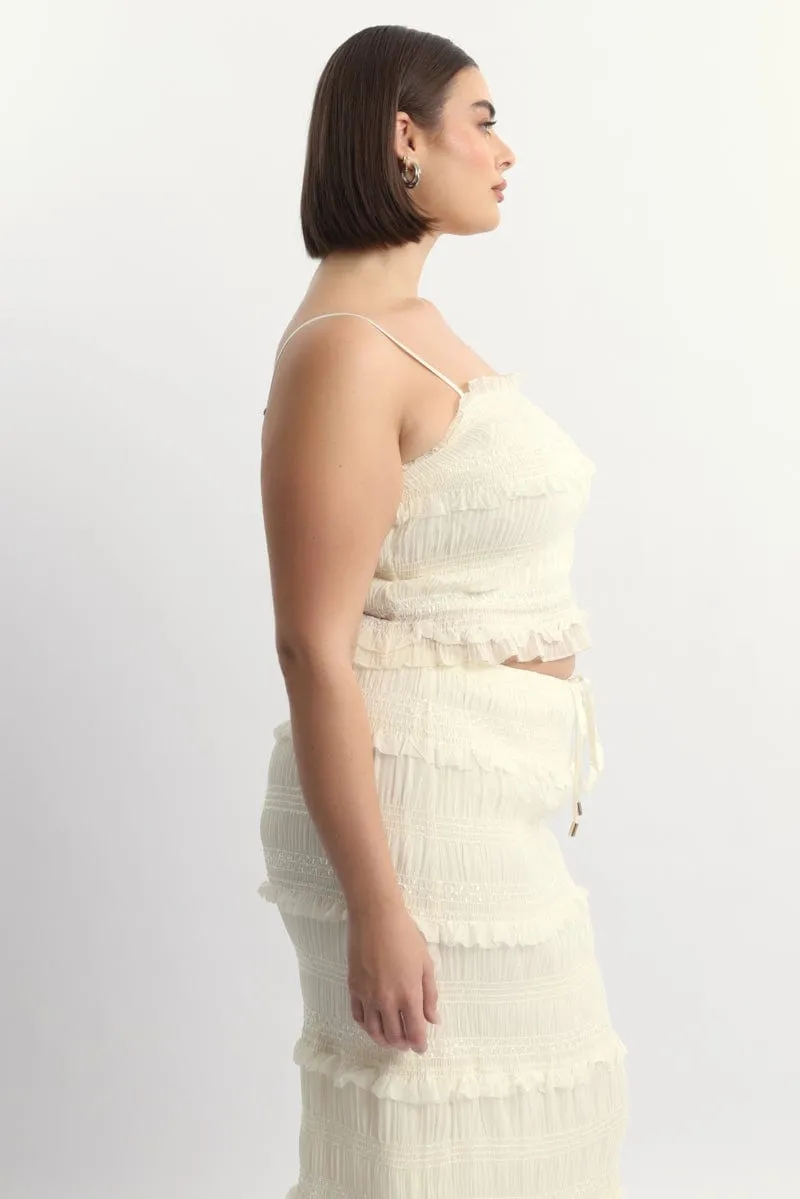 Warm Outerwear Morning Walk Beige Crop Top Sleeveless Ruched Sequin Pleat