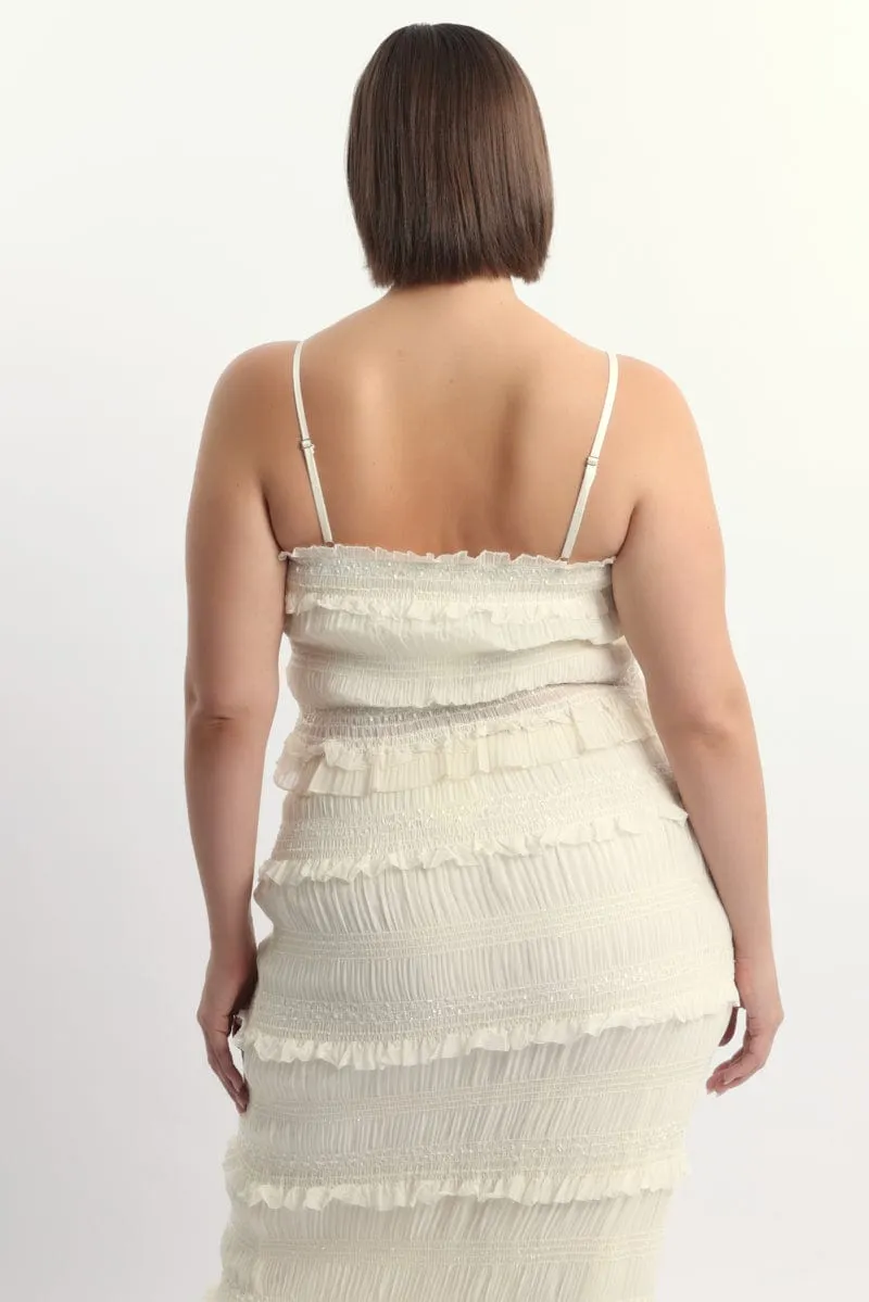 WrinkleResistantCloth Beige Crop Top Sleeveless Ruched Sequin Pleat