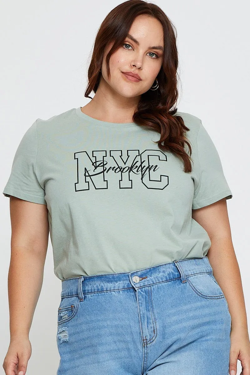 Green Graphic T-shirt Crew Neck Short Sleeve Cotton EnhancedDurabilityFinish