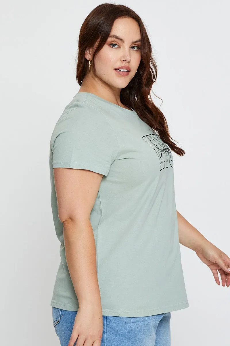 Green Graphic T-shirt Crew Neck Short Sleeve Cotton Easy-to-Match