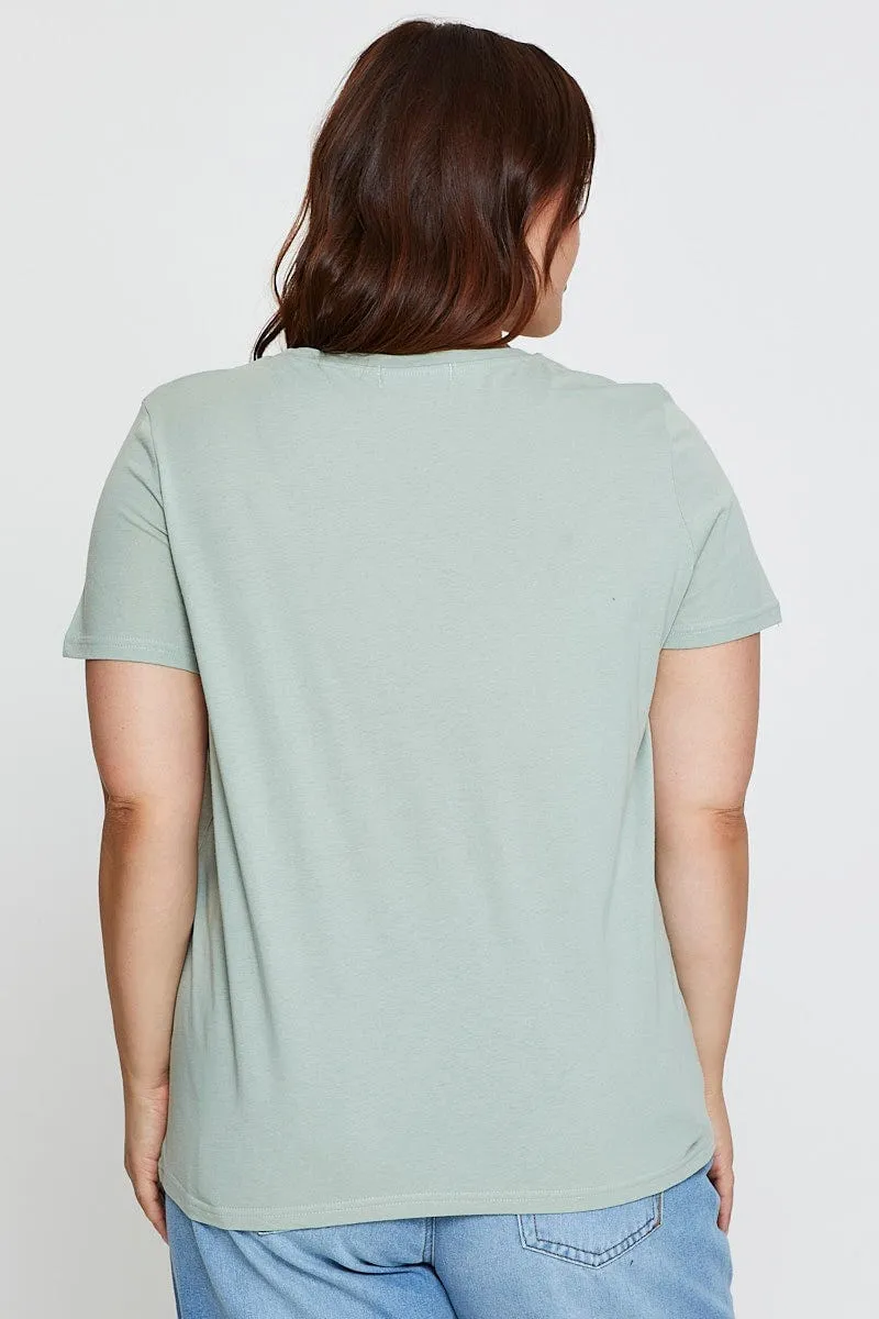 Casual Chic Wear Green Graphic T-shirt Crew Neck Short Sleeve Cotton