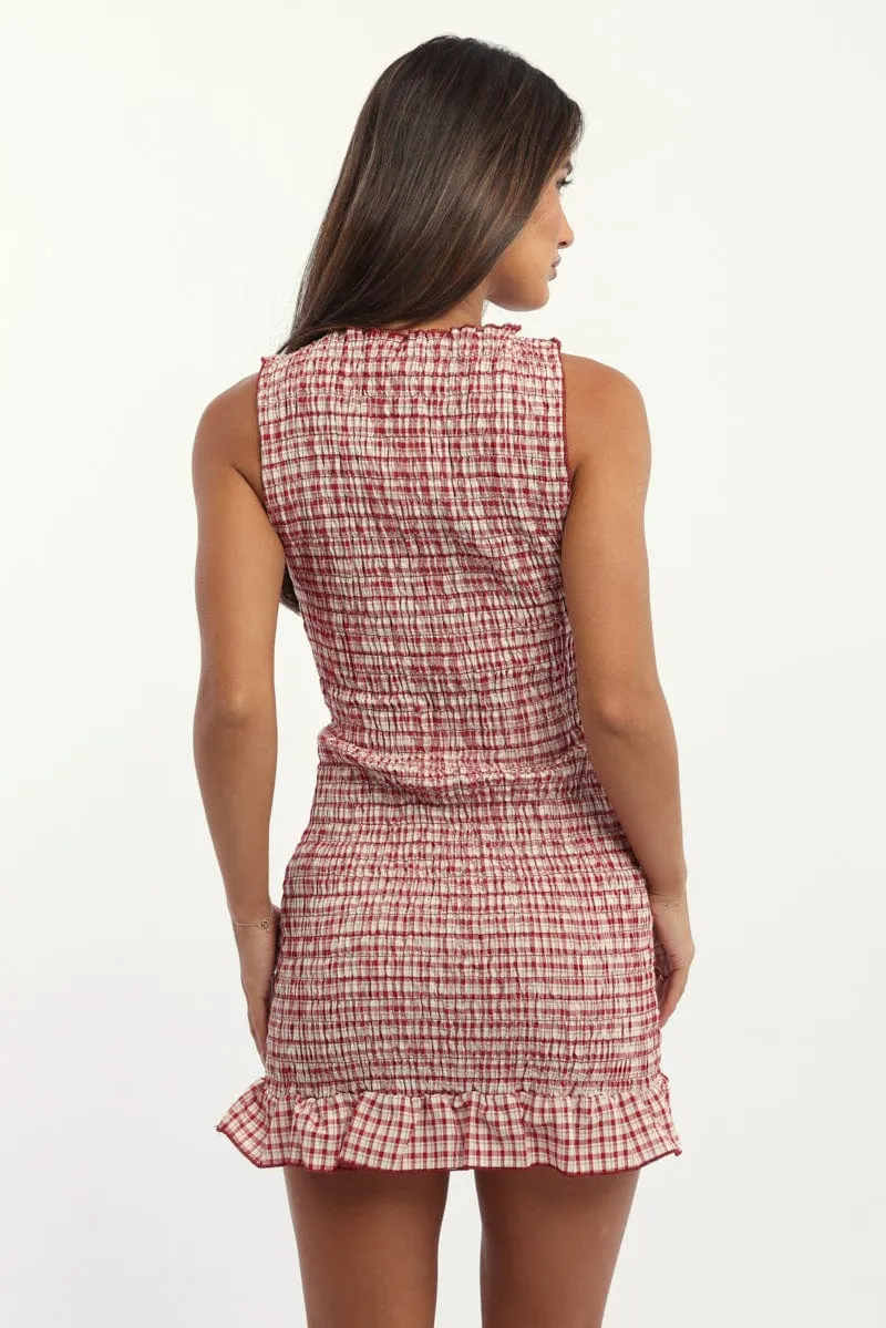 Red Check Bodycon Dress Shirred Mini Comfortable clothing UVProtection Coating