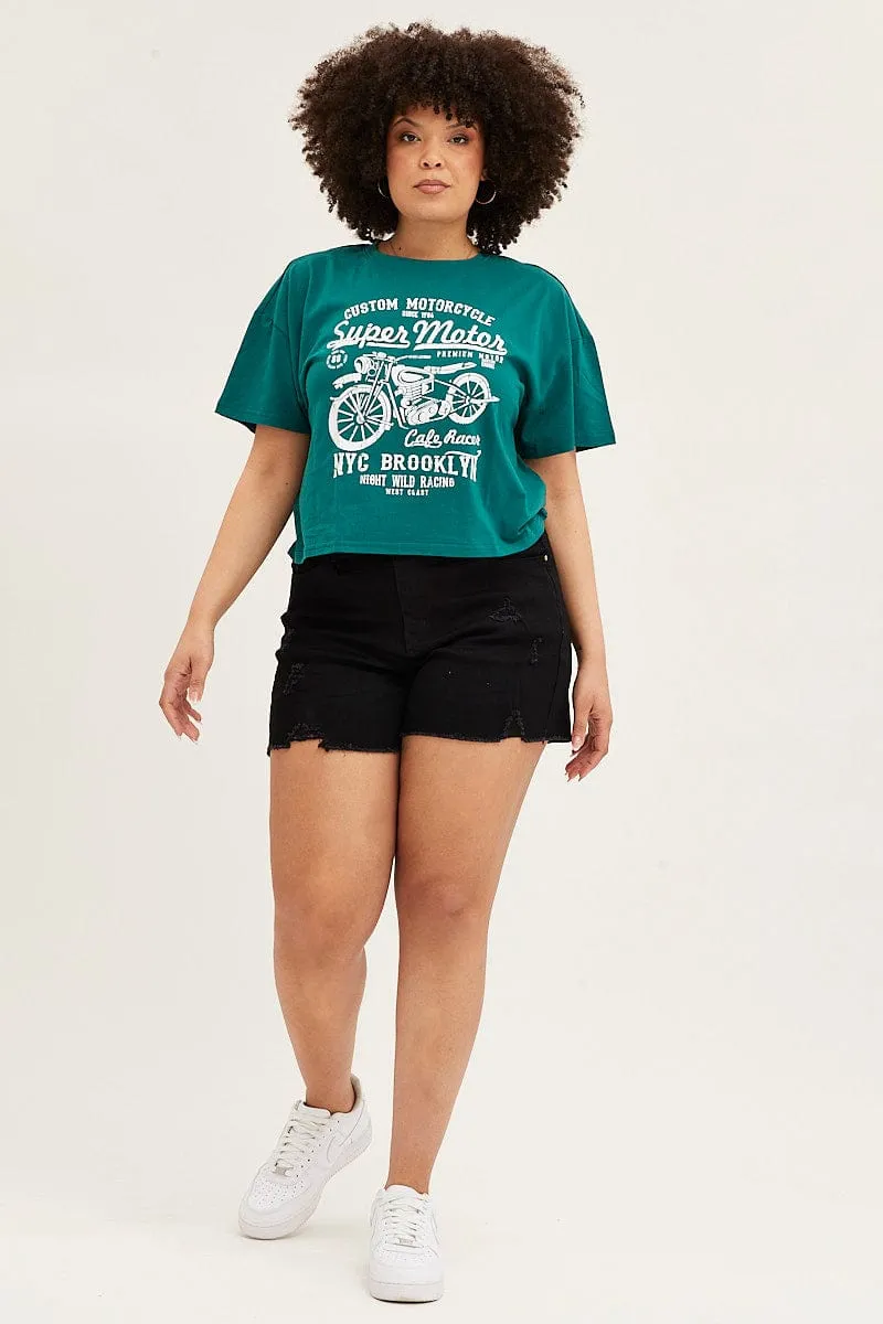 Green Short Sleeve Graphic Crop T-shirt Anti Pill Surface