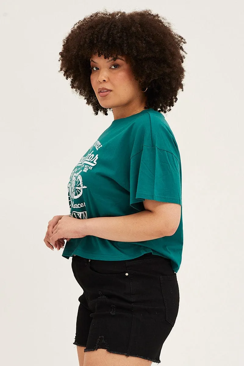 Modern Layer Green Short Sleeve Graphic Crop T-shirt
