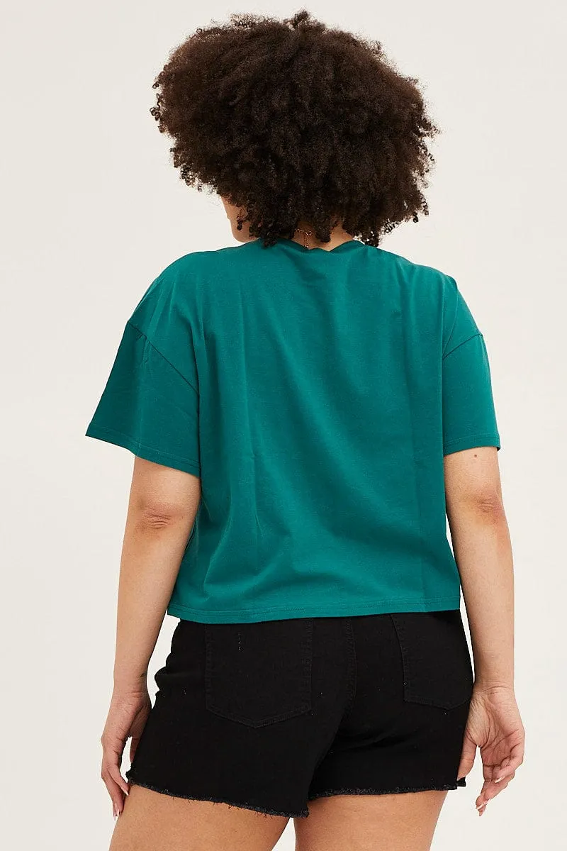 Green Short Sleeve Graphic Crop T-shirt Modern Design Urban Fashion Look