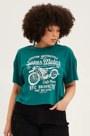 Green Short Sleeve Graphic Crop T-shirt Streetwear Style