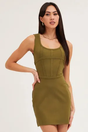 Green Mini Dress Sleeveless Corset Detail Bodycon Trend Light
