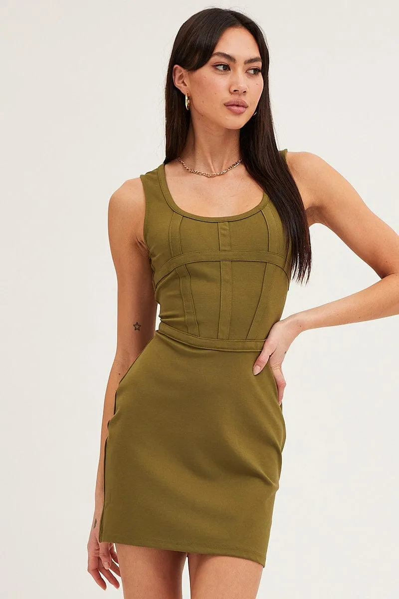 Green Mini Dress Sleeveless Corset Detail Bodycon Party Fresh Edge Shine