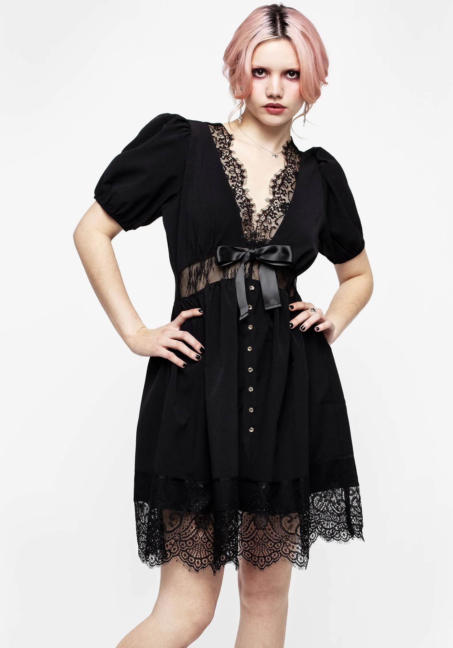 Mortuary Lace Button Up Mini Dress Flattering Fit Perfect For Summer