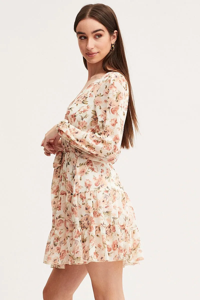 Print Mini Dress Long Sleeve V Neck Beat Glow