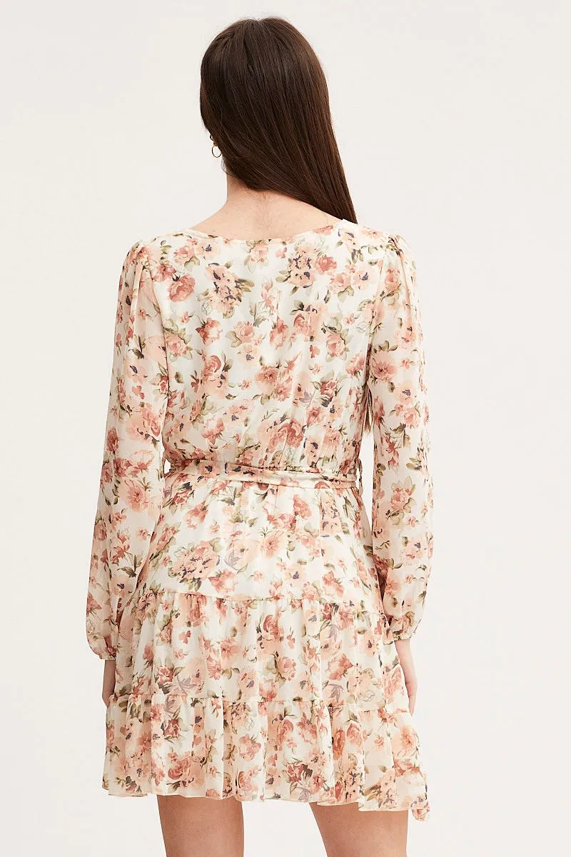 Print Mini Dress Long Sleeve V Neck Flattering Design Look Relaxed-fit day mini
