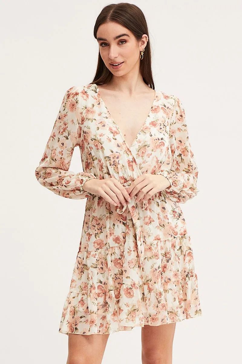 Print Mini Dress Long Sleeve V Neck Smart Look