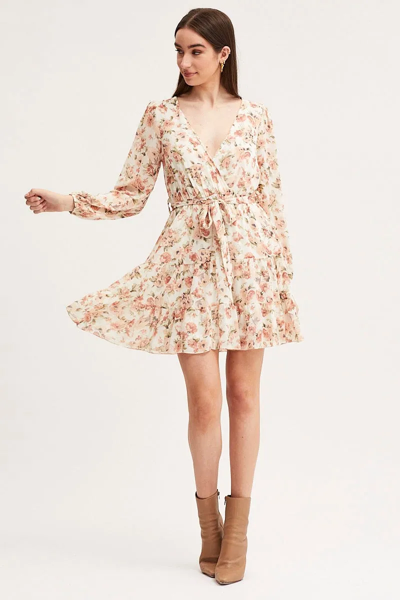 Print Mini Dress Long Sleeve V Neck Minimal Seam Layered Neckline