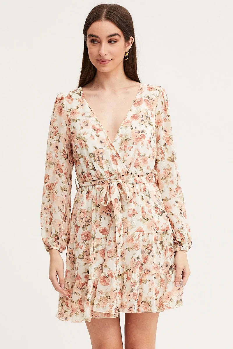 Print Mini Dress Long Sleeve V Neck Feminine relaxed mini Casual chic outfit