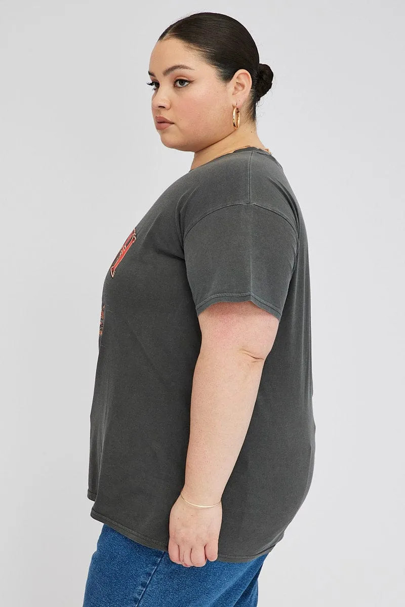 cotton material Travel Friendly Grey Graphic Crop T-shirt Short Sleeve Crew Neck