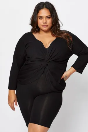 Black Blend Twist Black V-neck Cotton Lightweight Layering Flatlock stitching