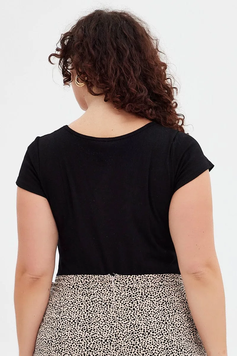 Chic Design Comfortable Jacket Black Bodysuit Scoop Neck Short Sleeve