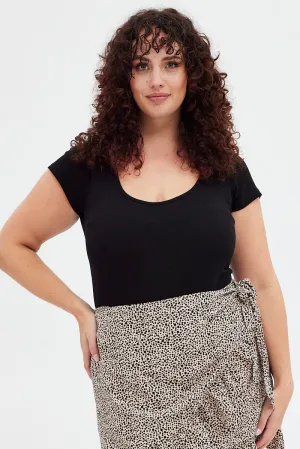 Black Bodysuit Scoop Neck Short Sleeve Desk Style Functional Fashion