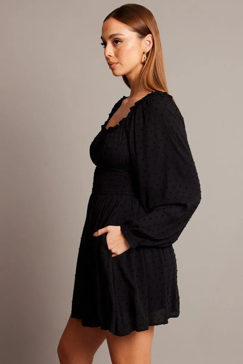 Black Fit And Flare Dress Long Sleeve Mini Placket Closure
