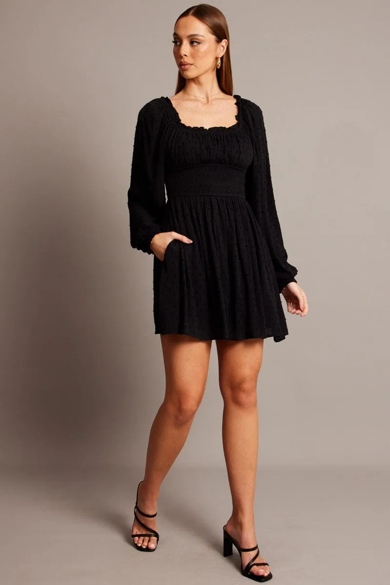 Black Fit And Flare Dress Long Sleeve Mini Versatile Fashion Noble Core