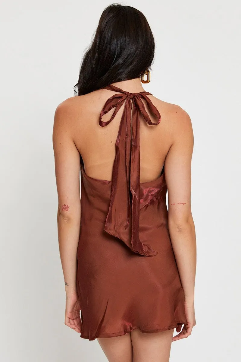 Brown Mini Dress Cowl Neck Satin Durable Zipper