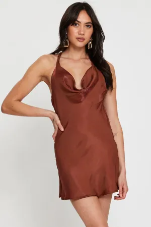 Bright Beat Flatlock Seams Brown Mini Dress Cowl Neck Satin