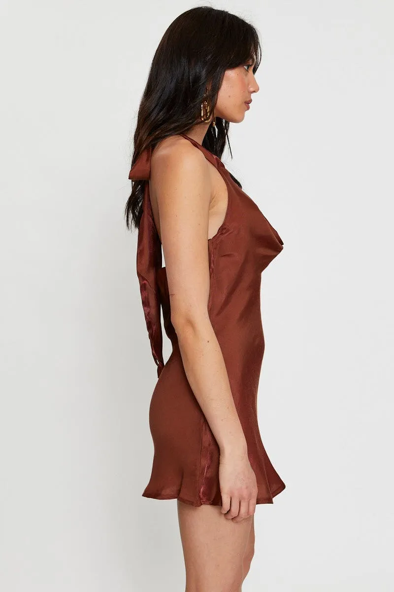 Trend Beat Brown Mini Dress Cowl Neck Satin