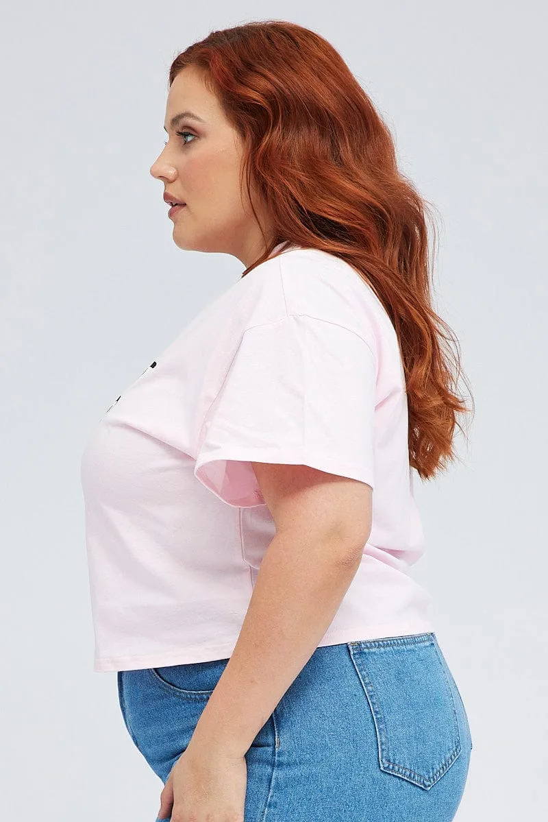 Seam Free Shoulders Textured Surface Pink Graphic T-shirt Detroit Crop Cotton